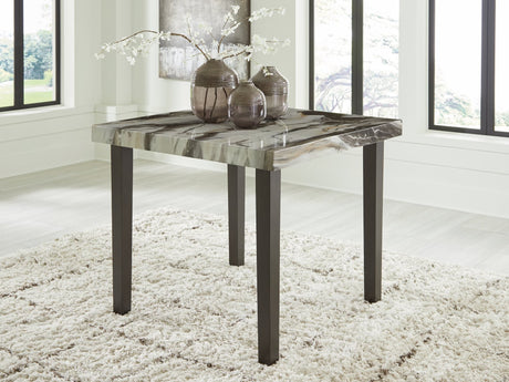 Jeshina dining table angled view showing faux marble top and tapered legs