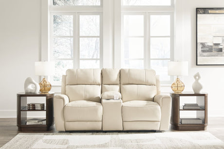 Dahlmoore Almond leather power reclining loveseat with console front view