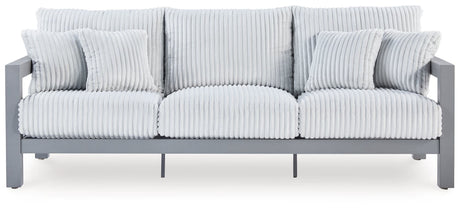 Hurley Park gray outdoor sofa front angle with cushions