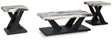 Cendill coffee table front view with faux white marble top and dark brown base