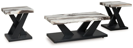 Cendill coffee table front view with faux white marble top and dark brown base