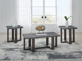 Dynnford 3-piece table set with faux soapstone tops and dark wood legs - front view