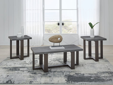 Dynnford 3-piece table set with faux soapstone tops and dark wood legs - front view