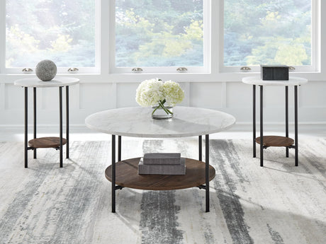 Wrenwich coffee table with faux Carrara marble top and black metal frame, front angle