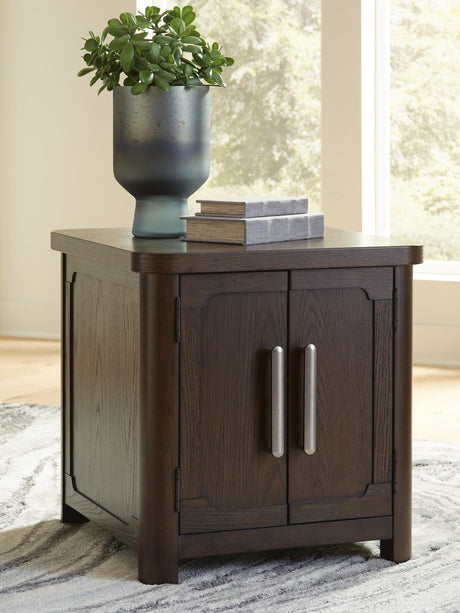 Breckington Dark Brown End Table front view with doors closed
