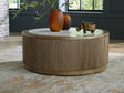Camdill coffee table front angle showing round faux marble top