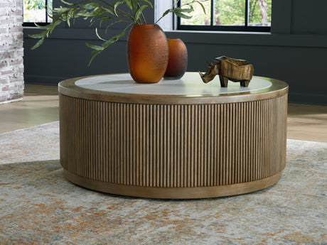 Camdill coffee table front angle showing round faux marble top