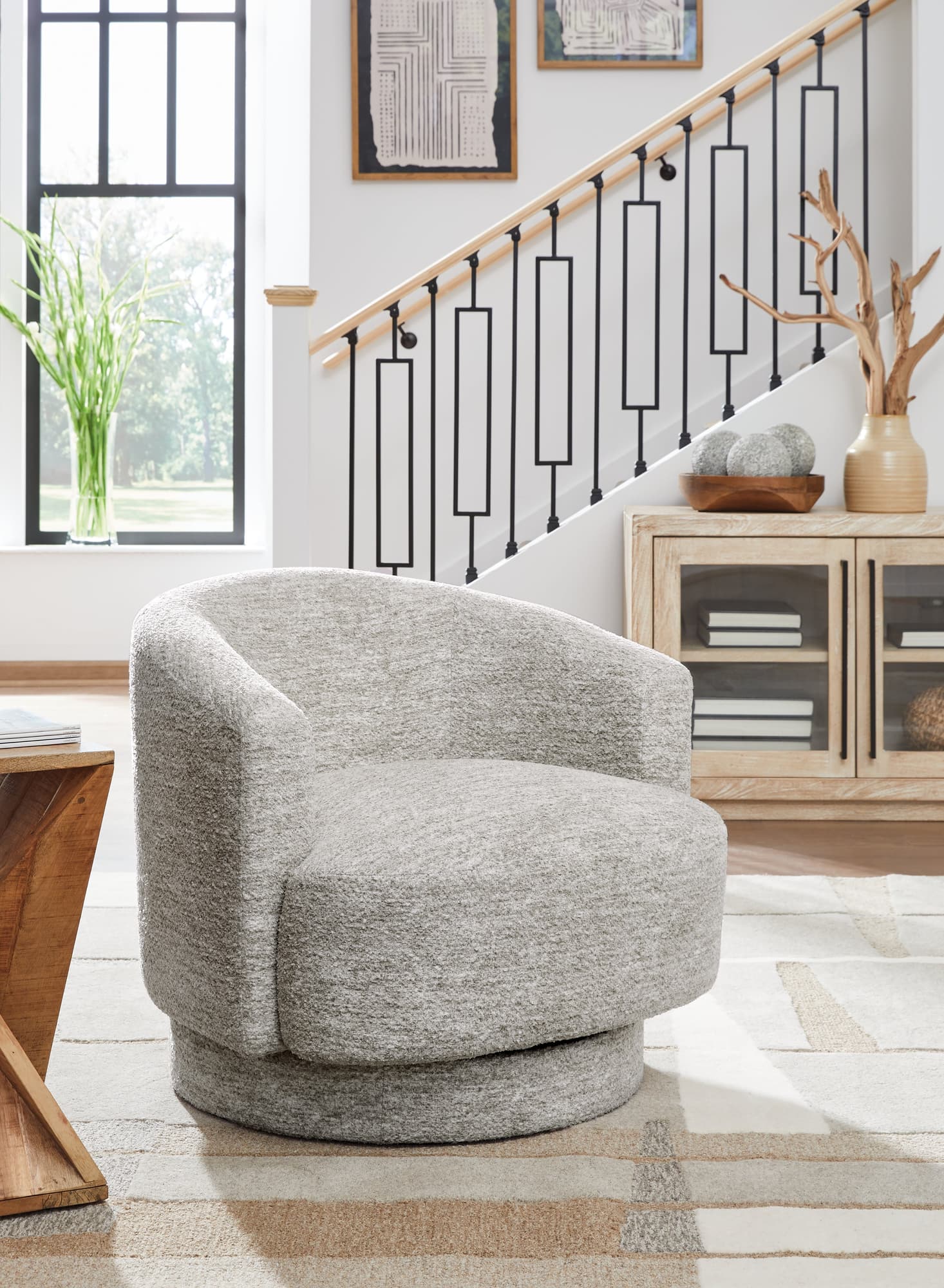 Wardsor stone fabric swivel accent chair angled view