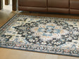 Leningston 5x7 black cream blue washable rug front view
