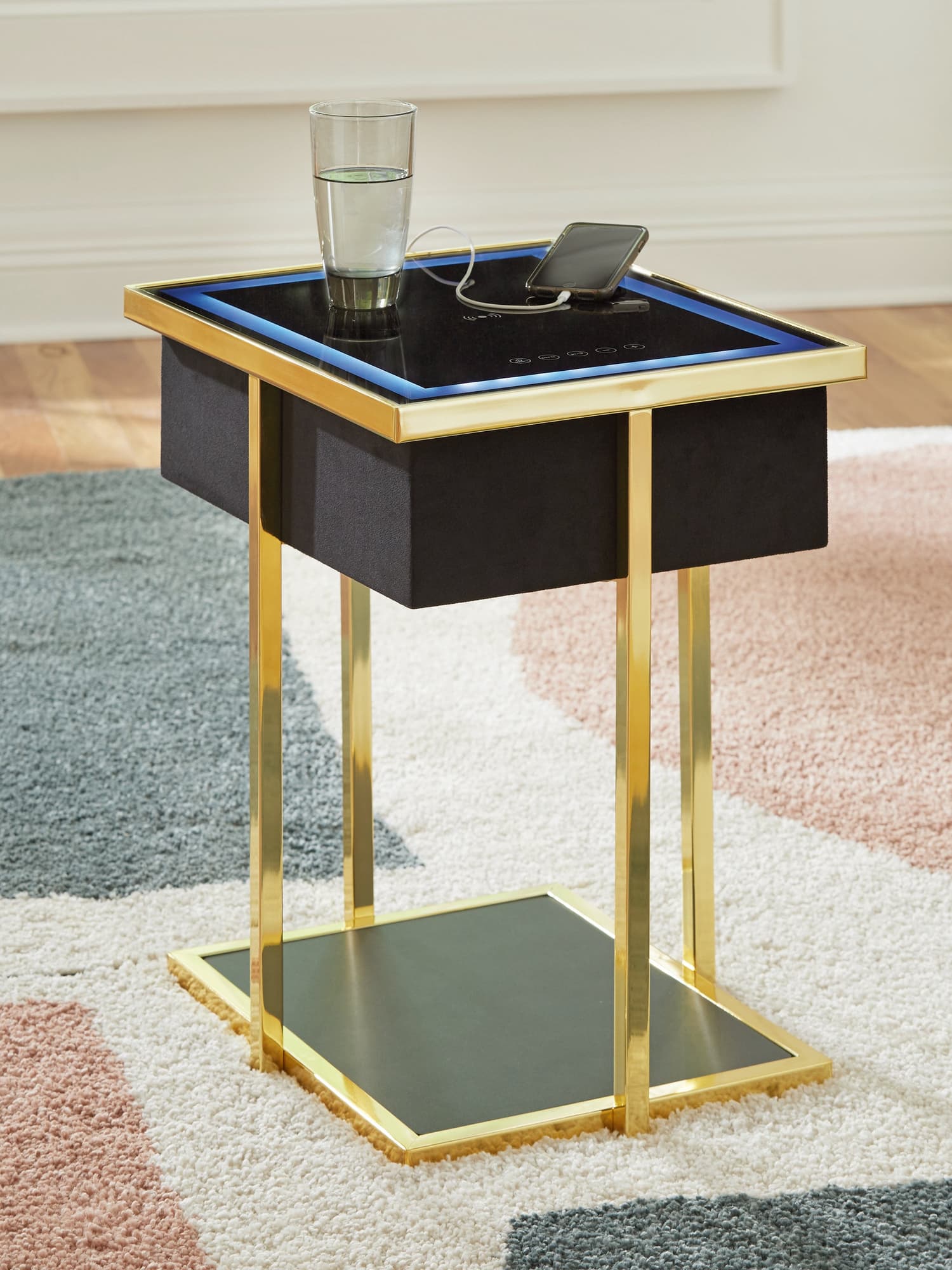 Rexwell accent table front view with black glass top and LED light