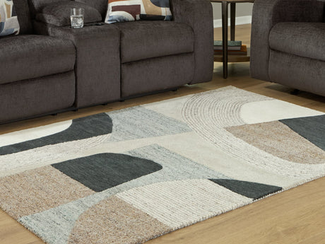 Edrickhill 5x7 rug showing abstract geometric pattern in grayish teal taupe cream