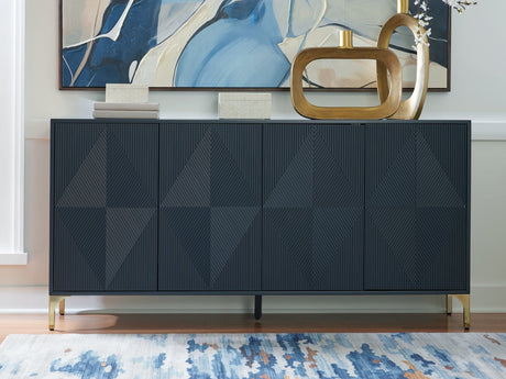 Loirwick Dark Blue Geometric Accent Cabinet front view closed
