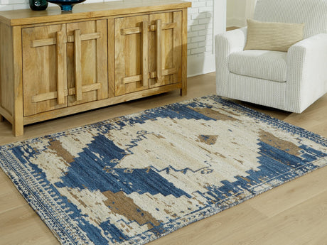 Varnler 8 x 10 blue brown tan medallion area rug flat lay