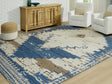 Varnler 10x14 blue brown tan medallion rug laid flat