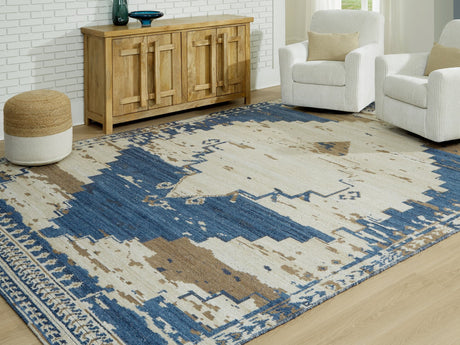 Varnler 10x14 blue brown tan medallion rug laid flat