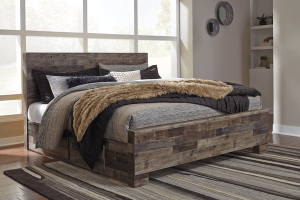 Derekson multi gray queen panel bed front view with storage drawers open
