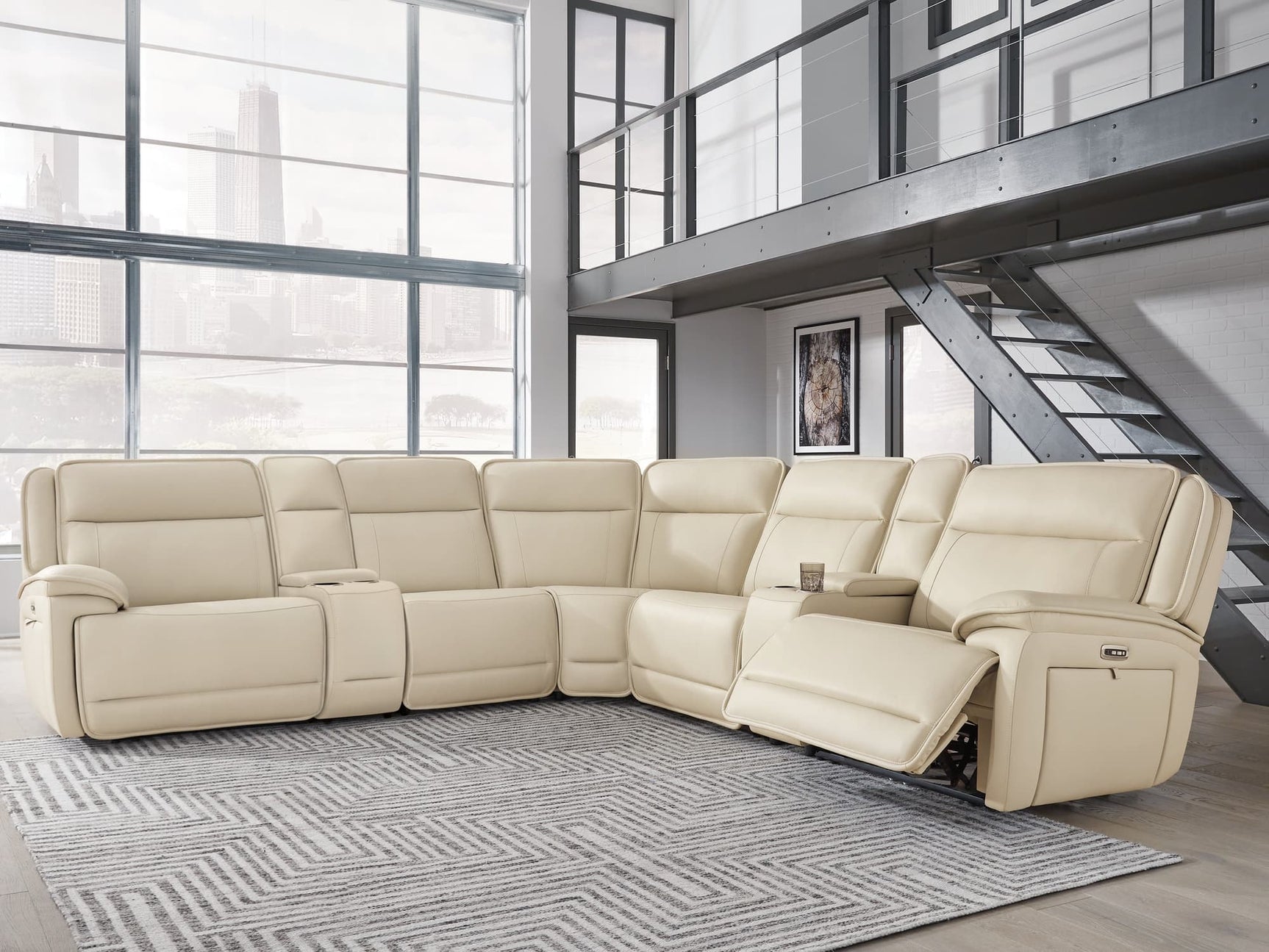 Double Deal Almond 7-Piece Reclining Sectional front view