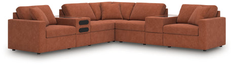 Front view of Modmax Spice 7-piece sectional with audio and storage consoles