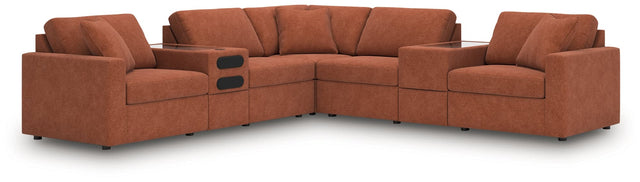 Front view of Modmax Spice 7-piece sectional with audio and storage consoles