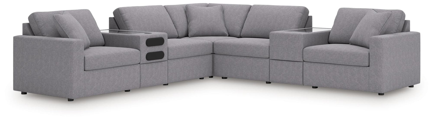 Modmax Granite 7-Piece Balanced Sectional Sofa front angle with audio and storage consoles