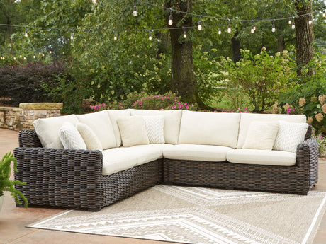 Kimora 3-piece outdoor sectional in beige and dark brown, angled view
