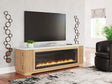 Camdill 80 inch light brown TV stand with electric fireplace front view