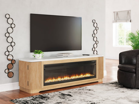 Camdill 80 inch light brown TV stand with electric fireplace front view