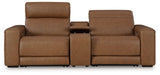 Magic Man caramel leather 2-piece power reclining sectional loveseat front view