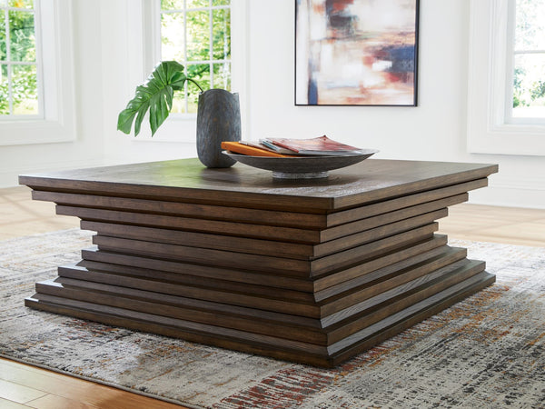 Hannodream Coffee Table angled view showing warm brown finish and casters