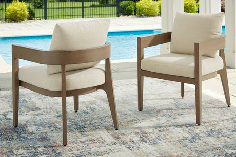 Serene Bay outdoor dining arm chair front angle with cushion