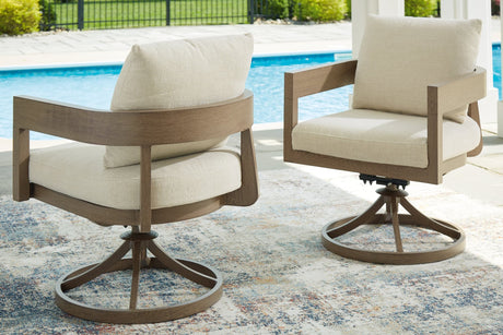 Serene Bay outdoor swivel dining chair with dark brown wood-look frame and white cushion front view