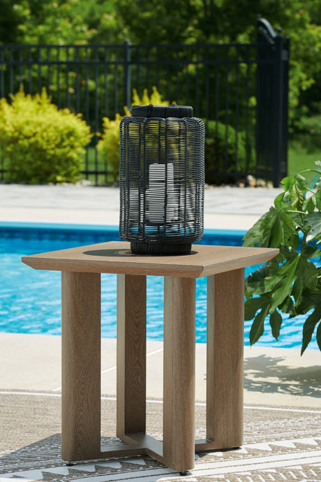 Serene Bay Dark Brown metal outdoor end table front angle