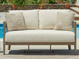 Serene Bay outdoor loveseat in dark brown and white with cushions, front view