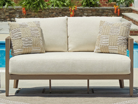 Serene Bay outdoor loveseat in dark brown and white with cushions, front view