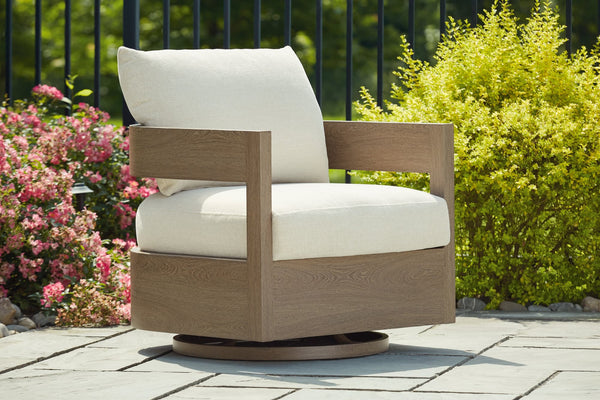 Serene Bay outdoor swivel glider chair front view with cushions