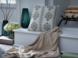 Paulmour floral accent pillow front view with ivory, green, and brown floral print