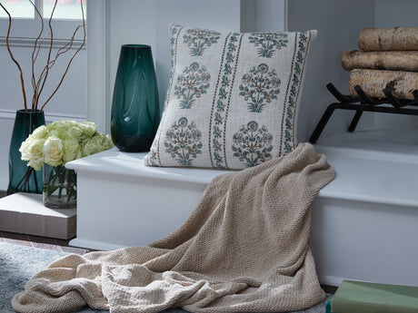 Paulmour floral accent pillow front view with ivory, green, and brown floral print