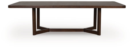 Dilenno dark brown dining extension table with leaf extended, angled view
