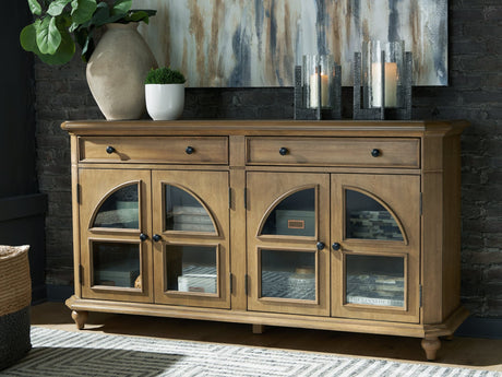 Barlomore Light Brown Accent Cabinet front view with arched glass doors