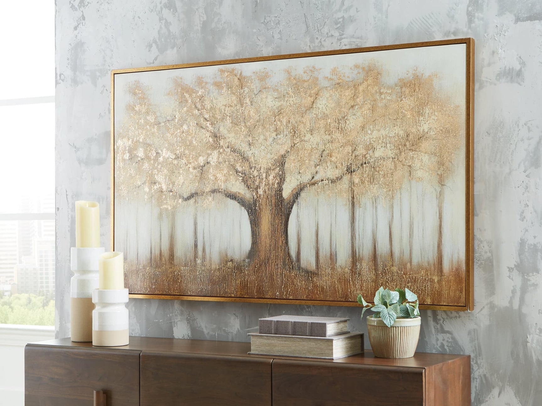 Dalewick framed wall art front view with brown gray and gold tones