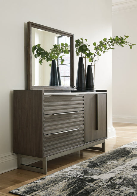 Arkenton grayish brown dresser with attached mirror front view
