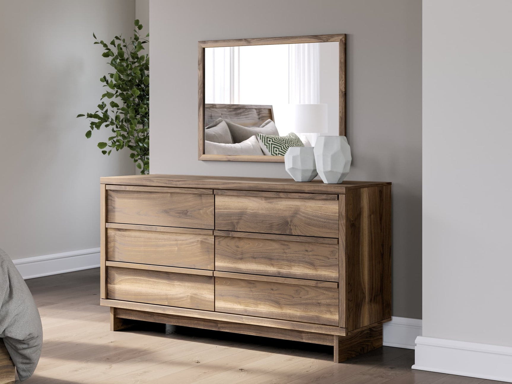 Chirason Brown Dresser and Mirror front view with six drawers