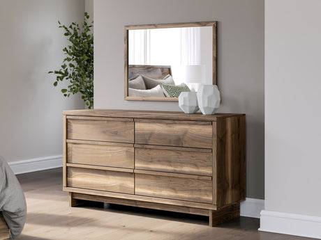 Chirason Brown Dresser and Mirror front view with six drawers