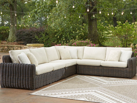 Kimora 4-piece beige and dark brown outdoor sectional sofa set front angle