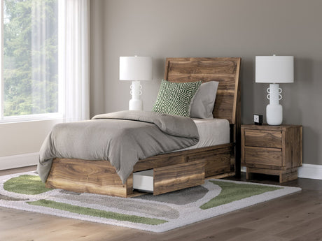 Chirason Brown Twin Panel Bed front view showing storage drawers