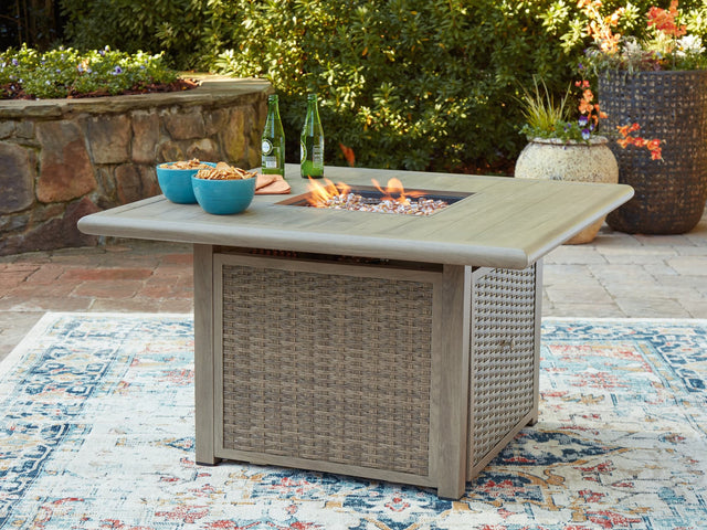 Cliff Trails Beige square fire pit table showing lit burner and glass beads