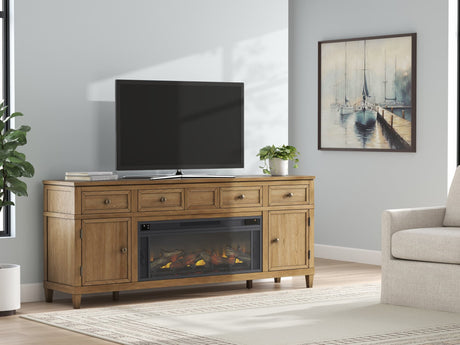 Sharlance 81 inch light brown TV stand with electric fireplace front view