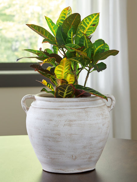 Meadie distressed white ceramic vase front angle