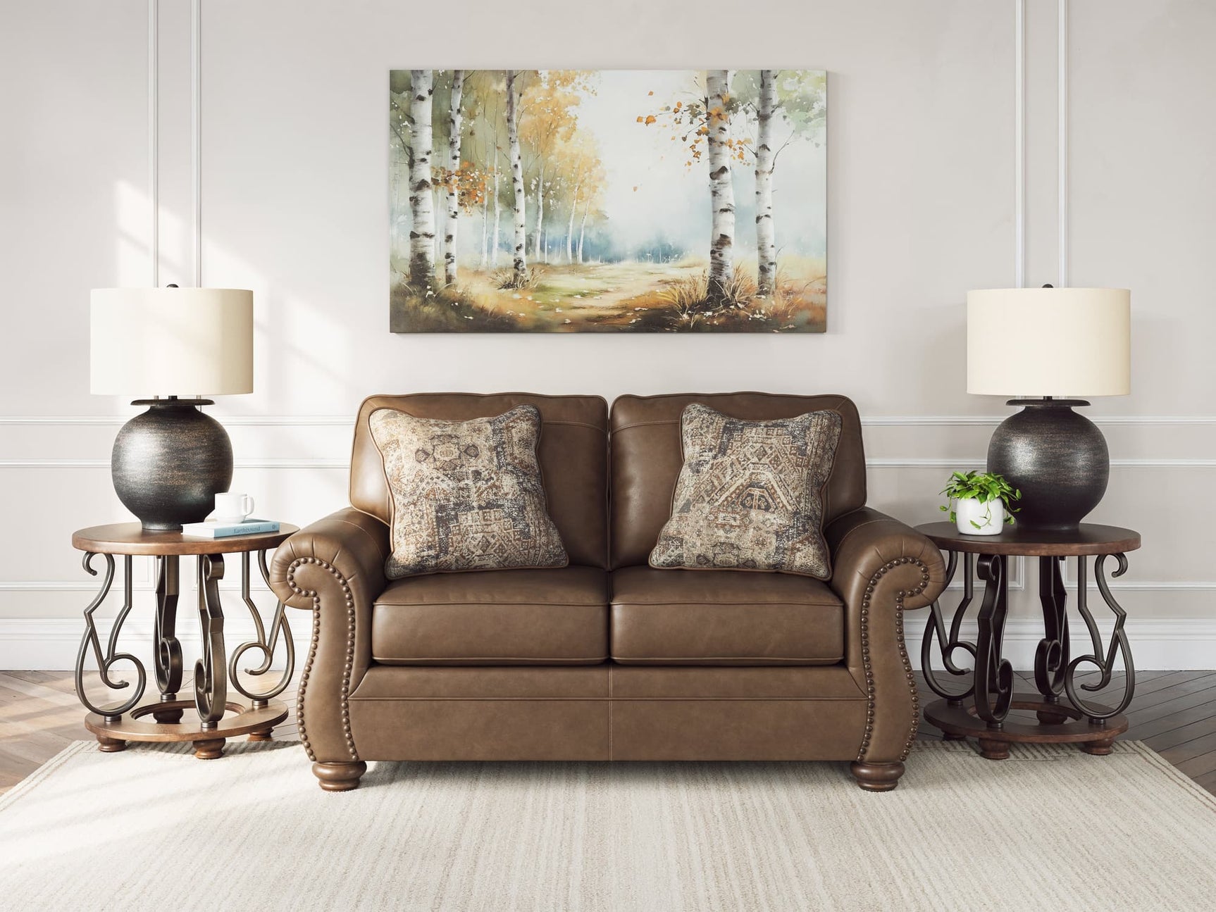 Chasemore Earth Faux Leather Loveseat front view with rolled arms and nailhead trim