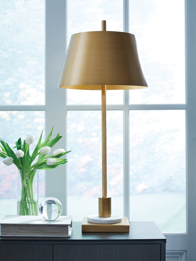 Fritzburn gold finish white marble table lamp frontal view